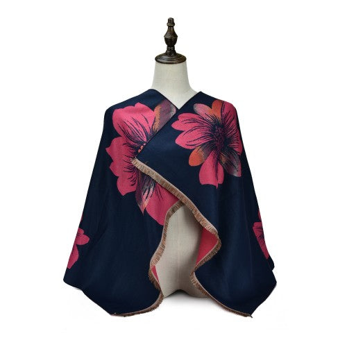 RED Luxury Floral Bloom Cashmere Poncho Shawl Wrap – Elegant Soft Scarf for Women