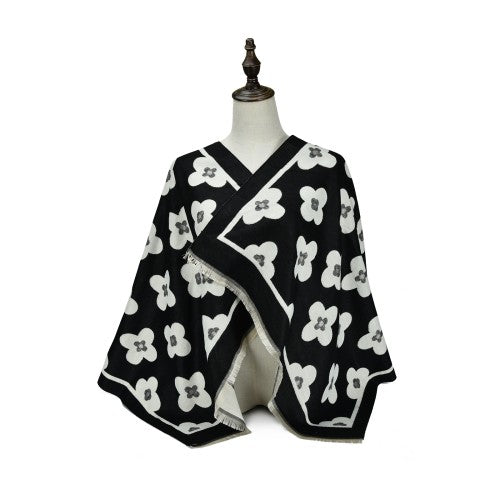 BLACK Luxury Floral Monogram Cashmere Poncho Shawl Wrap – Elegant Designer-Inspired Scarf for Women