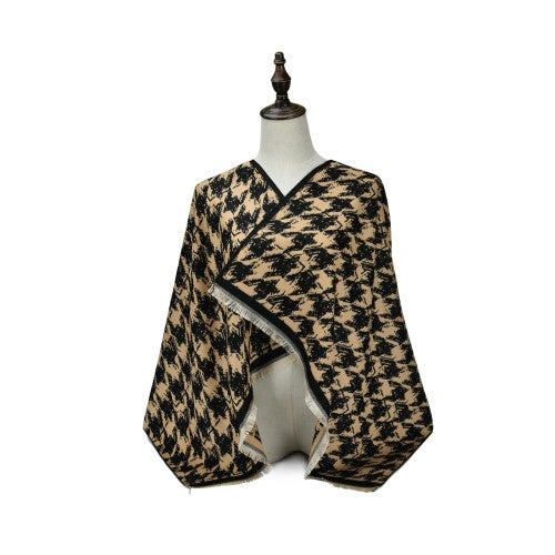 KHAKI Luxury Houndstooth Cashmere Poncho Shawl Wrap – Elegant Designer-Inspired Scarf for Women