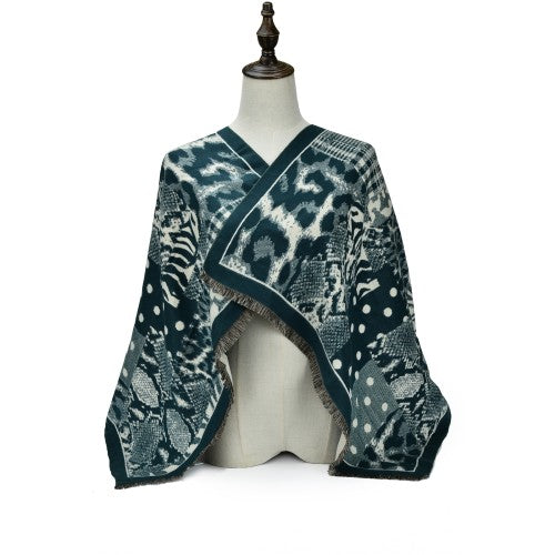 GREEN Luxury Abstract Animal Print Cashmere Poncho Shawl Wrap – Elegant Designer-Inspired Scarf for Women