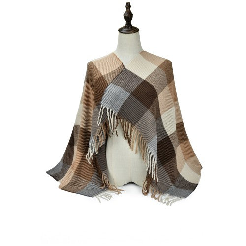 COFFEE Luxury Checkered Cashmere Poncho Shawl Wrap – Elegant Plaid Pattern Fringe Scarf for Women