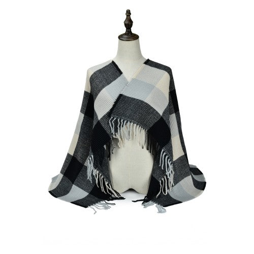 BLACK Luxury Checkered Cashmere Poncho Shawl Wrap – Elegant Plaid Pattern Fringe Scarf for Women