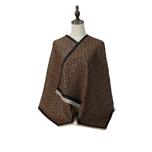 KHAKI Luxury Geometric Pattern Cashmere Poncho Shawl Wrap – Elegant Designer-Inspired Scarf for Women