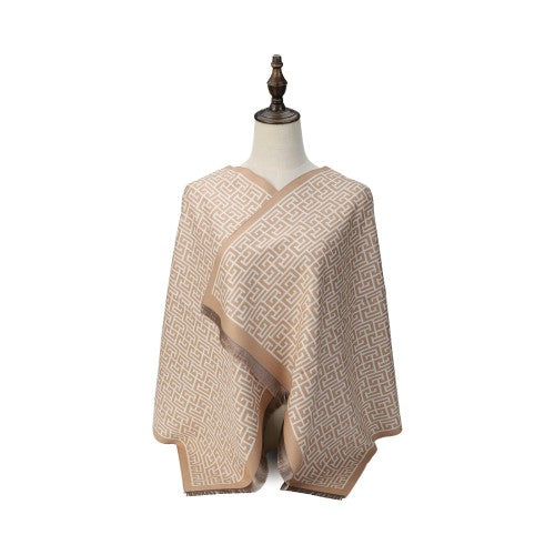 BEIGE Luxury Geometric Pattern Cashmere Poncho Shawl Wrap – Elegant Designer-Inspired Scarf for Women
