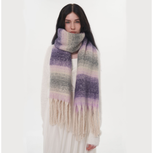 PURPLE Gradient Striped Cashmere Scarf – Oversized Soft Warm Winter Tassel Shawl