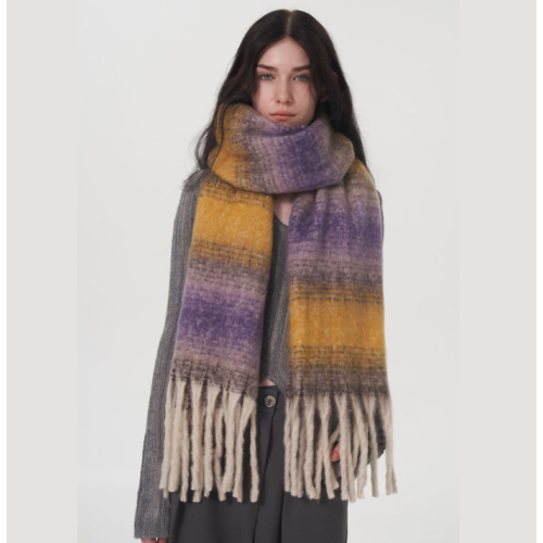 YELLOW Gradient Striped Cashmere Scarf – Oversized Soft Warm Winter Tassel Shawl