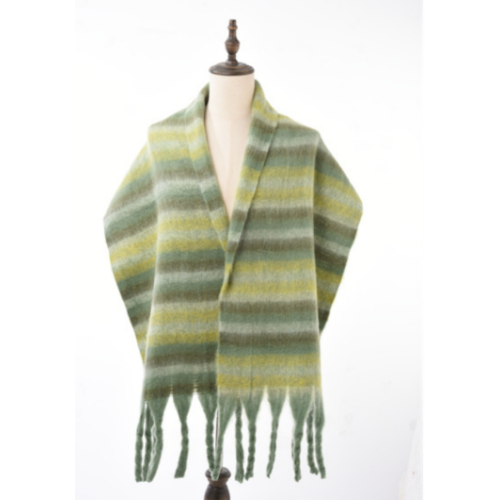 GREEN Striped Soft Cashmere Winter Scarf – Oversized Warm Tassel Shawl for Women