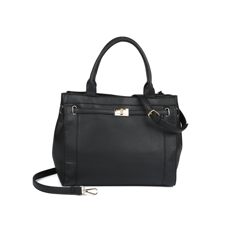 Elegant Black PU Leather Handbag with Zipper Closure & Dual Handles