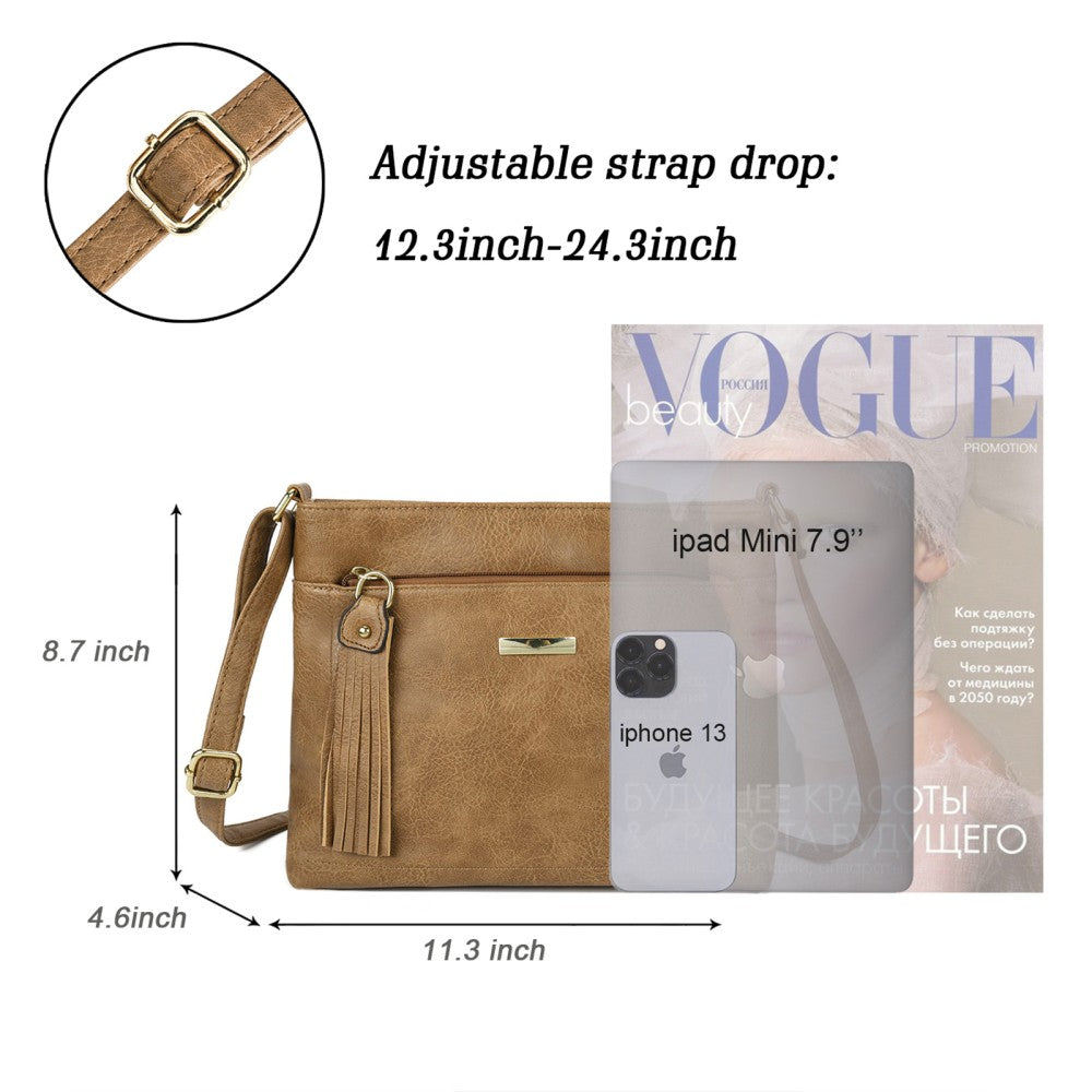 Brown PU Crossbody Shoulder Bag with Tassel Pendant – L28.7 x W11.5 x H22cm