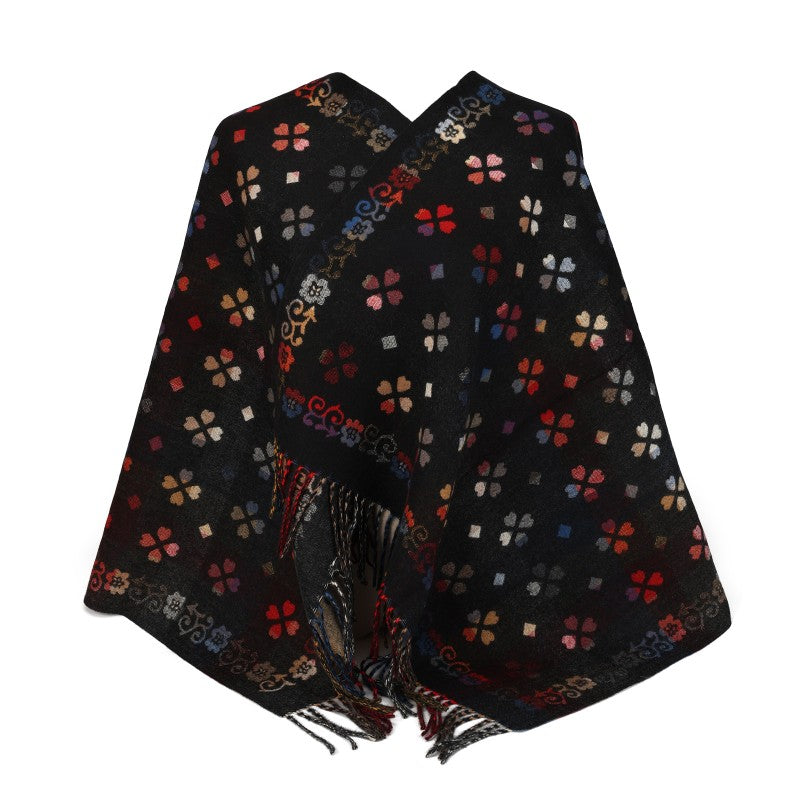 Floral Pattern Oversized Shawl with Fringe – 100% Cotton Wrap & Poncho Style (180cm × 65cm)