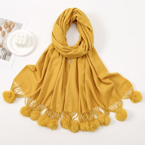 YELLOW Luxury Cashmere Pom Pom Scarf – Soft Warm Winter Shawl with Fringe Tassels
