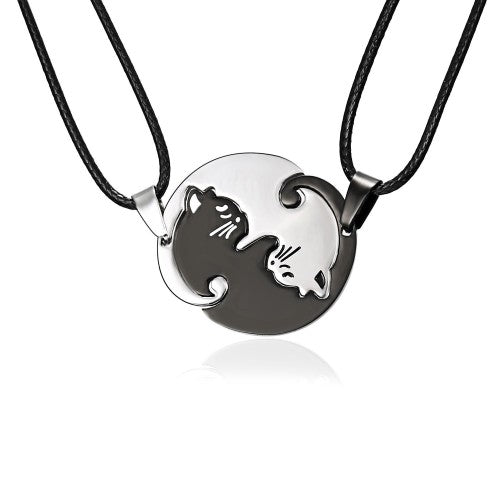 NL0056 Circle Patchwork Black Cat Couple Necklace with Black Chain