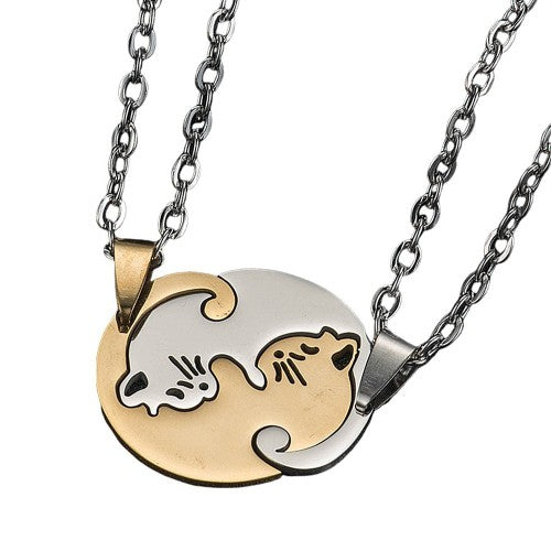 NL0056 Circle Patchwork Gold Cat Couple Necklace with Gold Chain