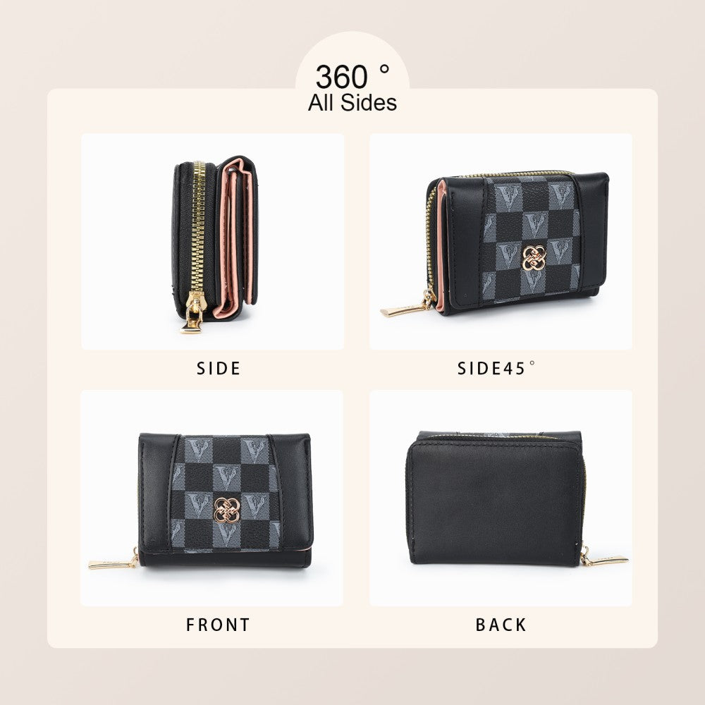 Checkered Accent Compact Wallet -BLACK