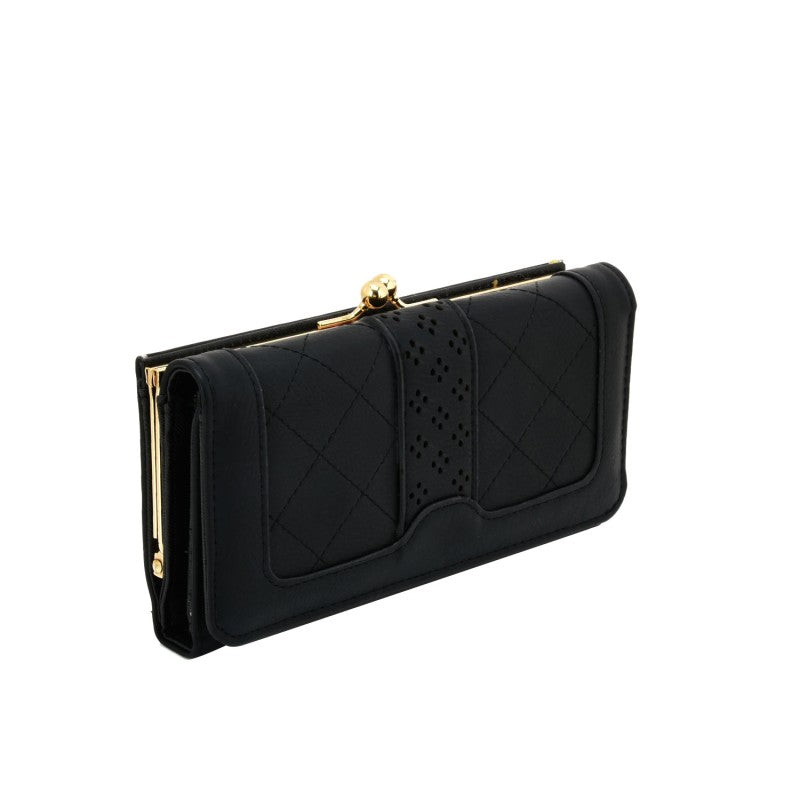 PU Leather Clutch Wallet Purse with Kiss Lock & Quilted Design – Multi-Compartment Organizer