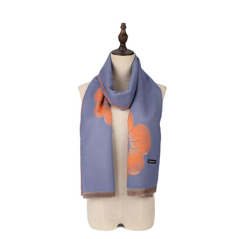 DARK BLUE Large Floral Design Cashmere Scarf