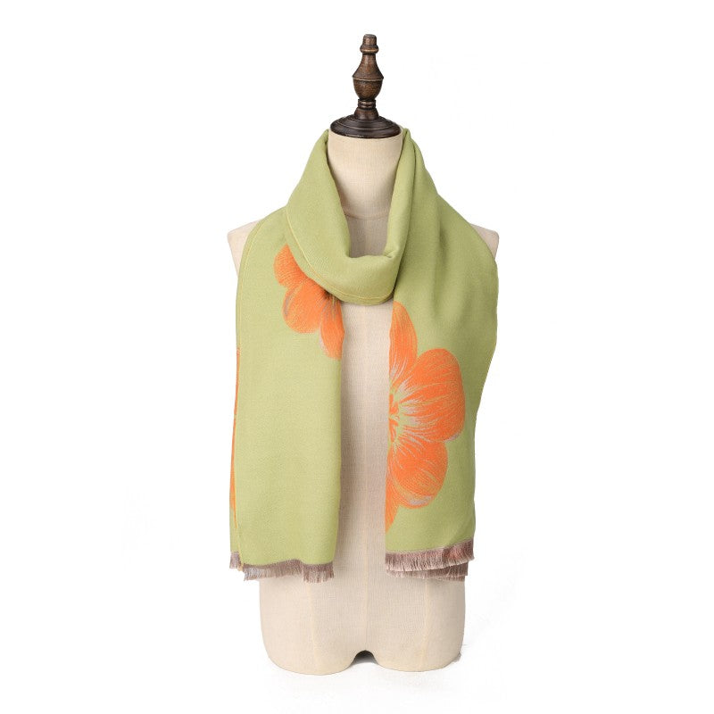 GREEN Large Floral Design Cashmere Scarf