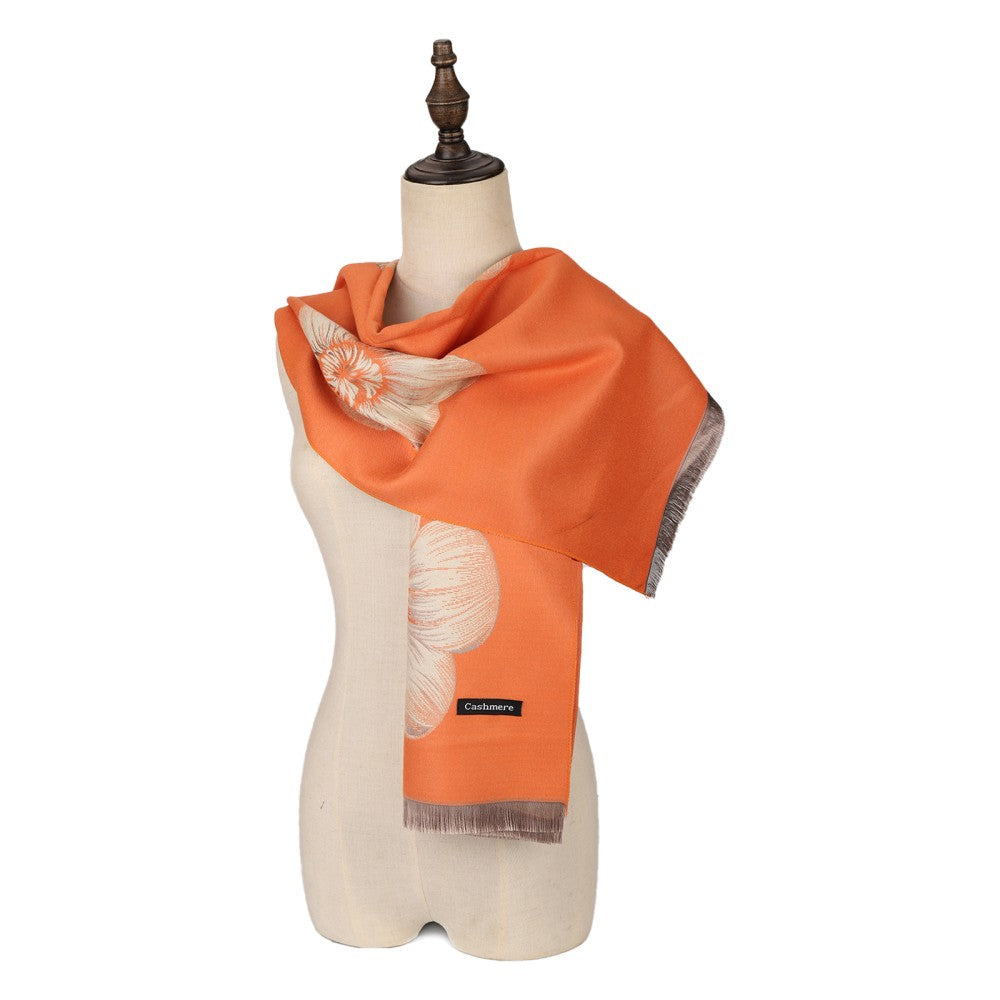 ORANGE Large Floral Design Cashmere Scarf