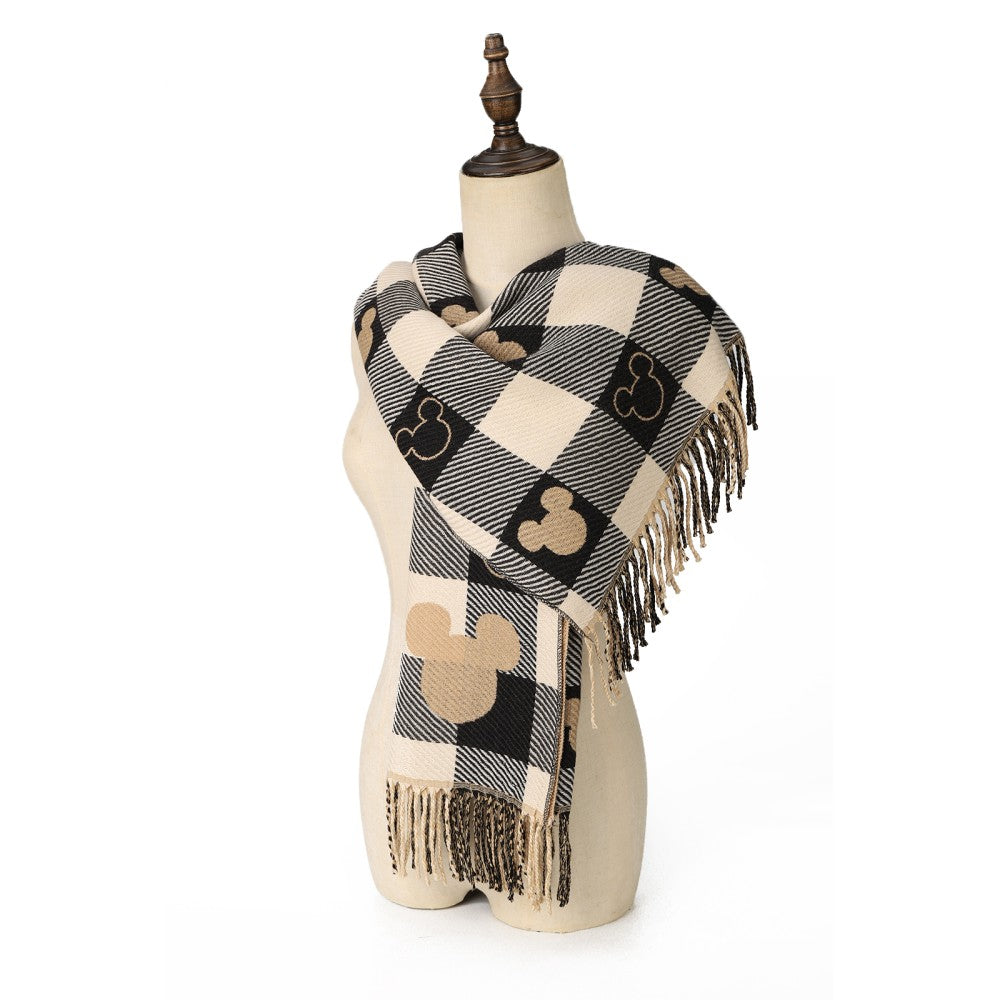 BLACK Luxury Checkered Mickey Pattern Cashmere Scarf Wrap – Soft Fringe Shawl for Women
