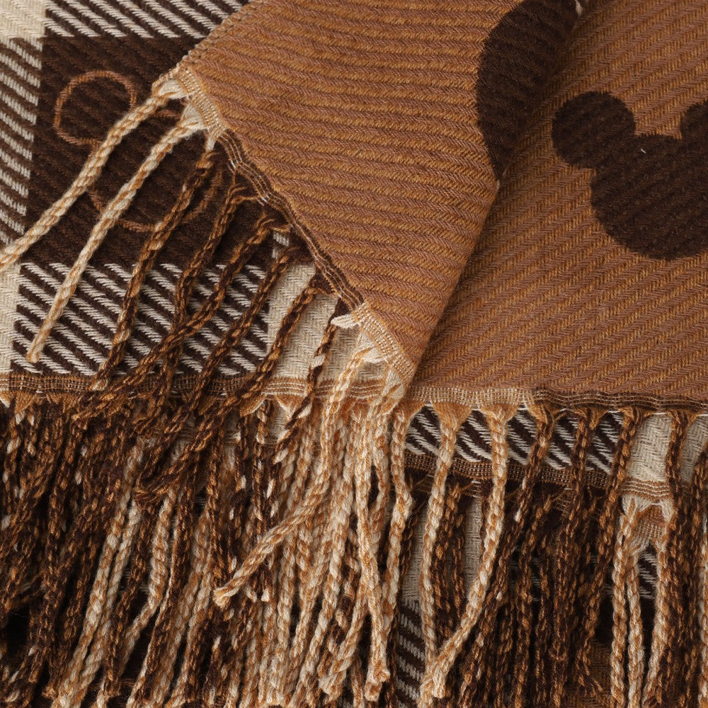 COFFEE Luxury Checkered Mickey Pattern Cashmere Scarf Wrap – Soft Fringe Shawl for Women