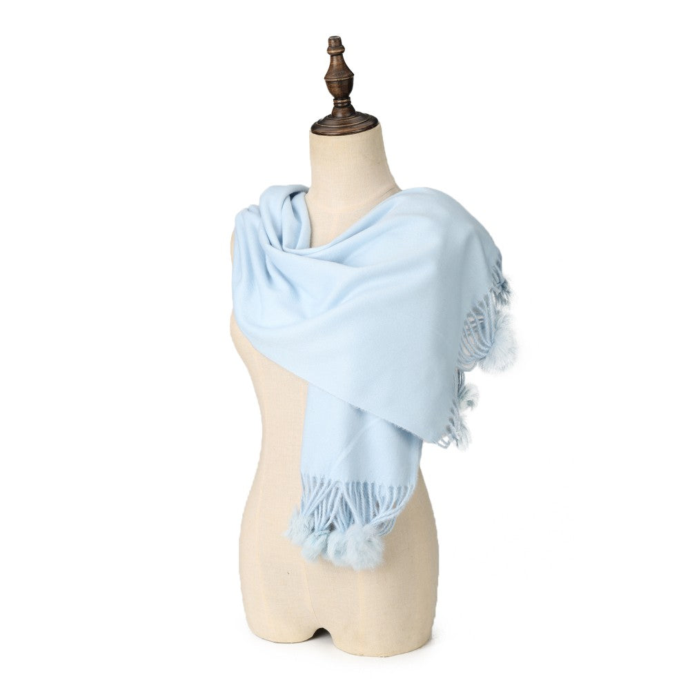 BLUE Luxury Cashmere Pom Pom Scarf – Soft Warm Winter Shawl with Fringe Tassels