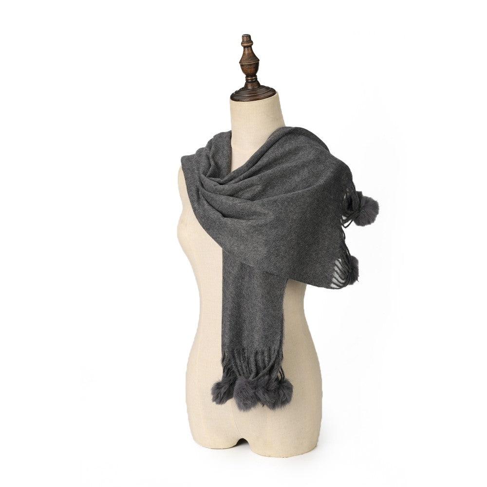 DARK GREY Luxury Cashmere Pom Pom Scarf – Soft Warm Winter Shawl with Fringe Tassels