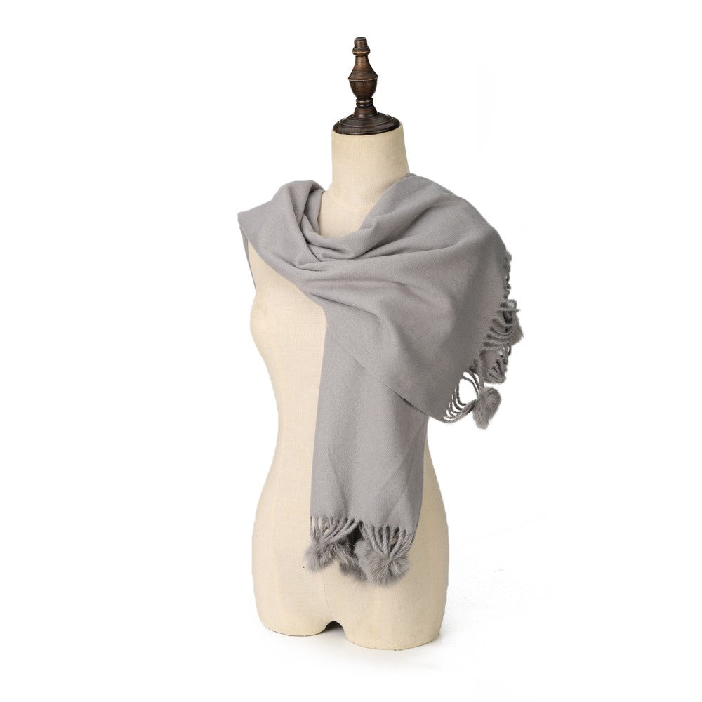 GREY Luxury Cashmere Pom Pom Scarf – Soft Warm Winter Shawl with Fringe Tassels
