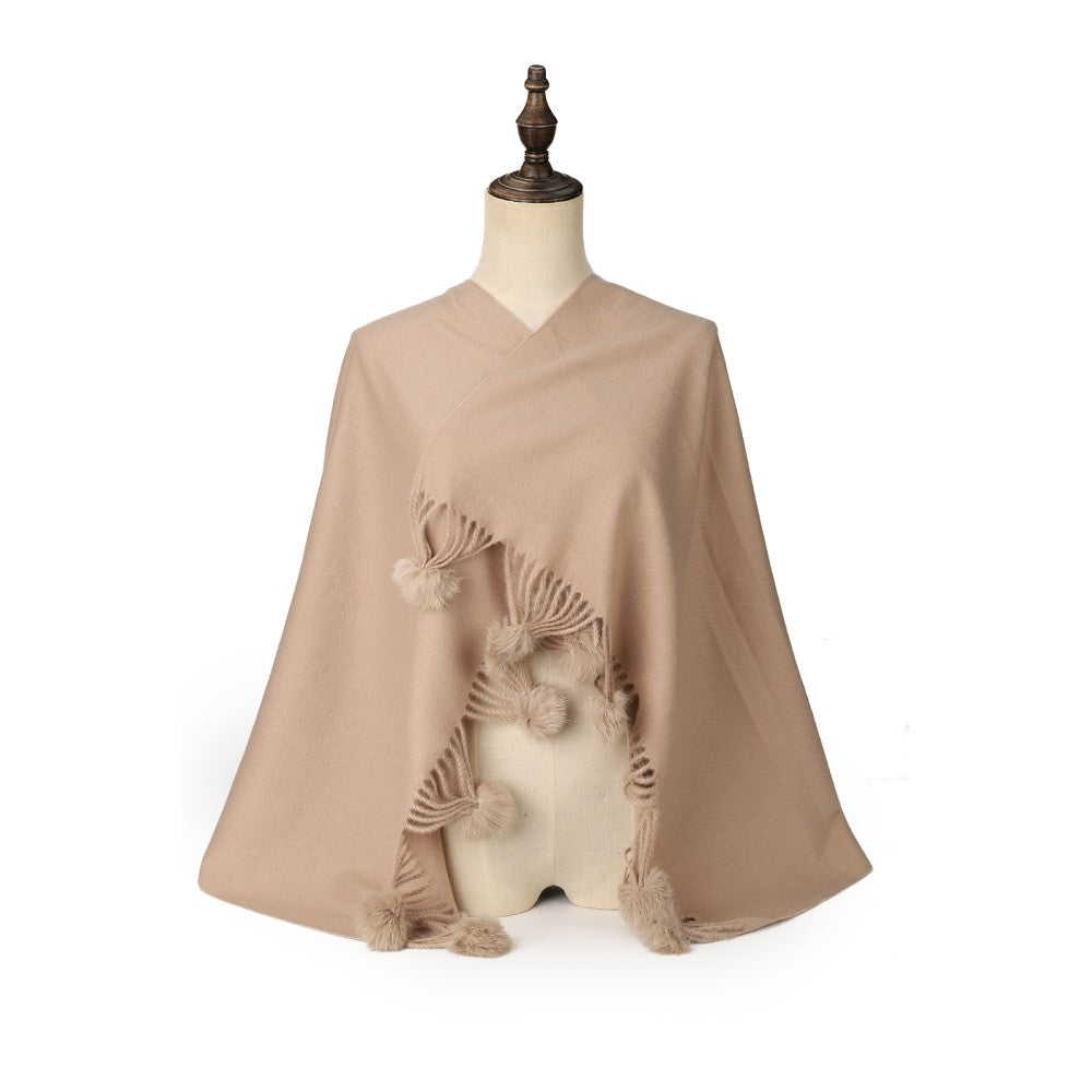 KHAKI Luxury Cashmere Pom Pom Scarf – Soft Warm Winter Shawl with Fringe Tassels