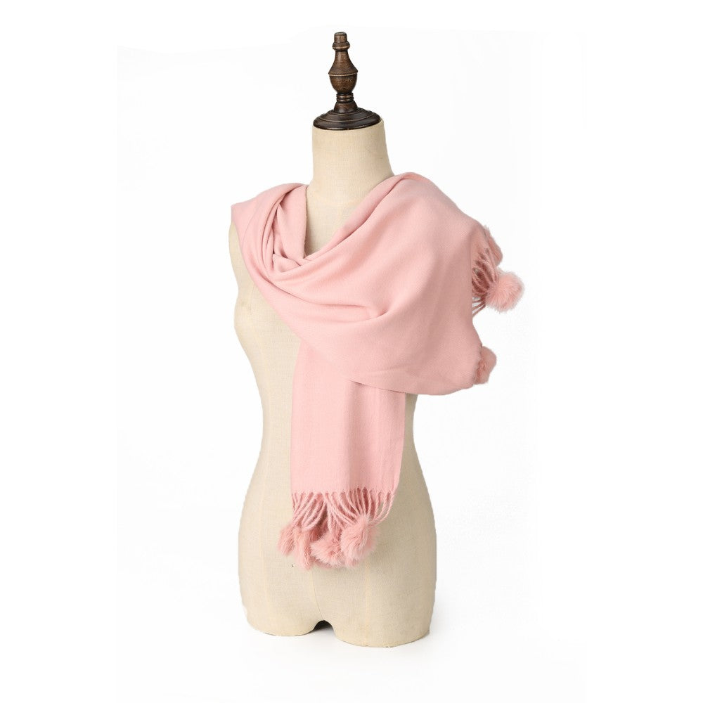PINK Luxury Cashmere Pom Pom Scarf – Soft Warm Winter Shawl with Fringe Tassels