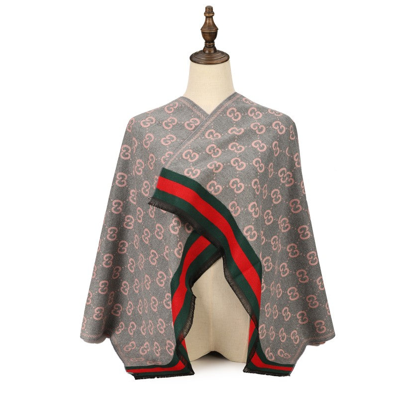 PINK Luxury Reversible Designer-Inspired Poncho Shawl Wrap with GG Pattern and Stripe Border