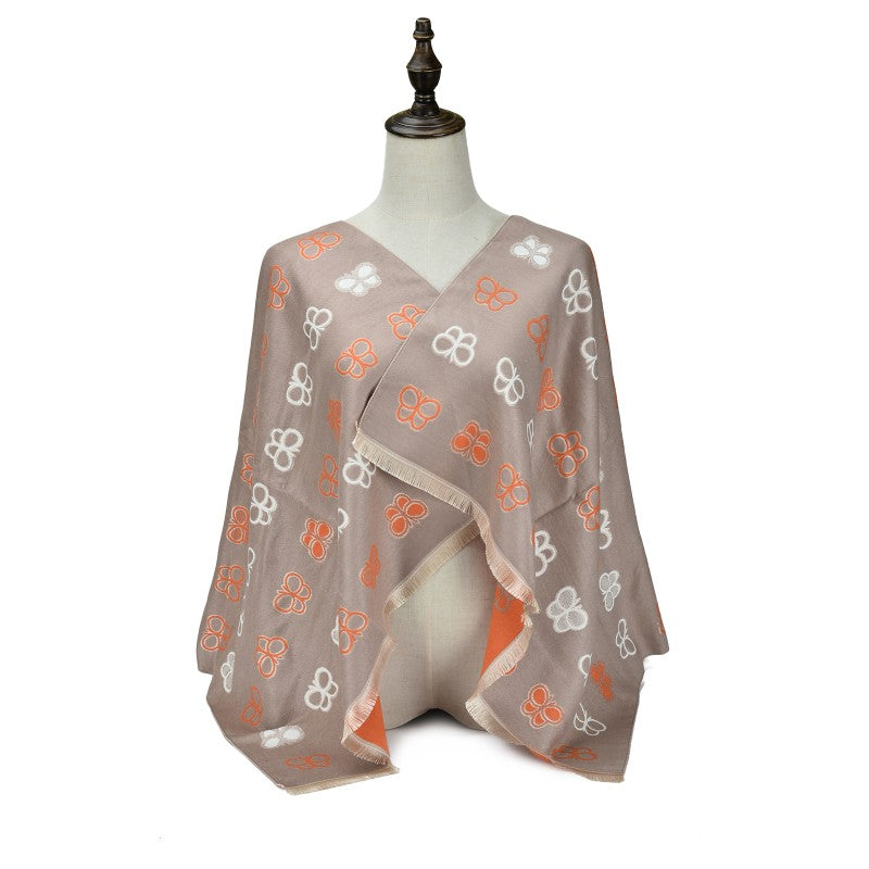 KHAKI Luxury Butterfly Pattern Cashmere Scarf Wrap – Soft Elegant Designer-Inspired Shawl for Women