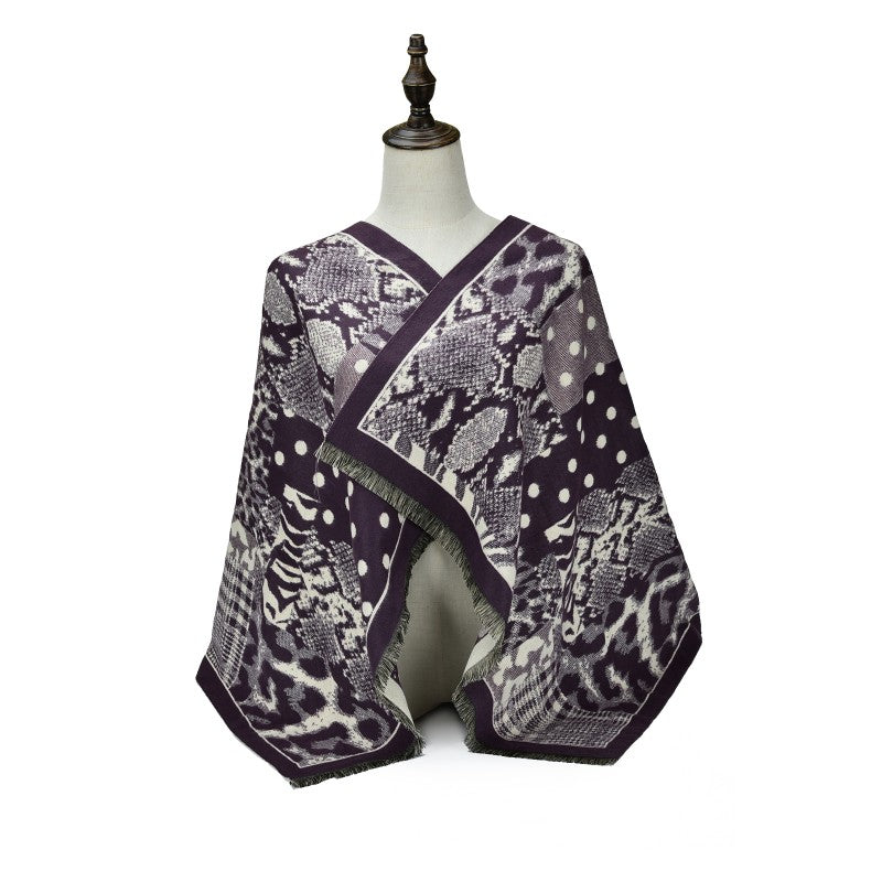 PURPLE Luxury Abstract Animal Print Cashmere Poncho Shawl Wrap – Elegant Designer-Inspired Scarf for Women