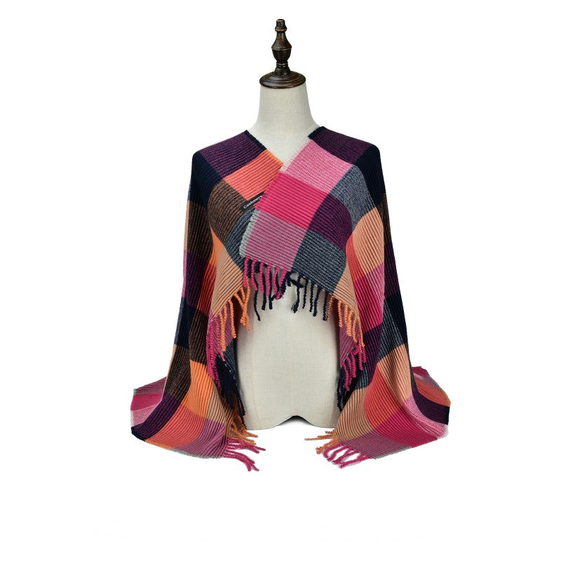 FUSHIA Luxury Checkered Cashmere Poncho Shawl Wrap – Elegant Plaid Pattern Fringe Scarf for Women