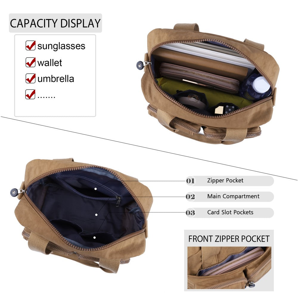 KHAKI Voyager Utility Nylon Shoulder Bag – Waterproof Multi-Pocket Travel Handbag