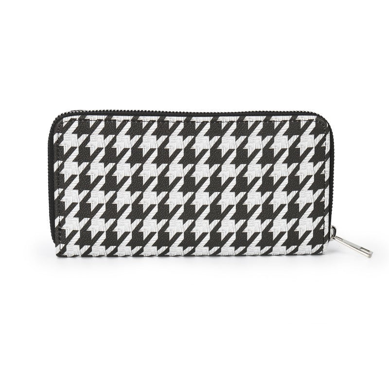 Black & White Houndstooth Long Zip Wallet – PU Leather Clutch Purse