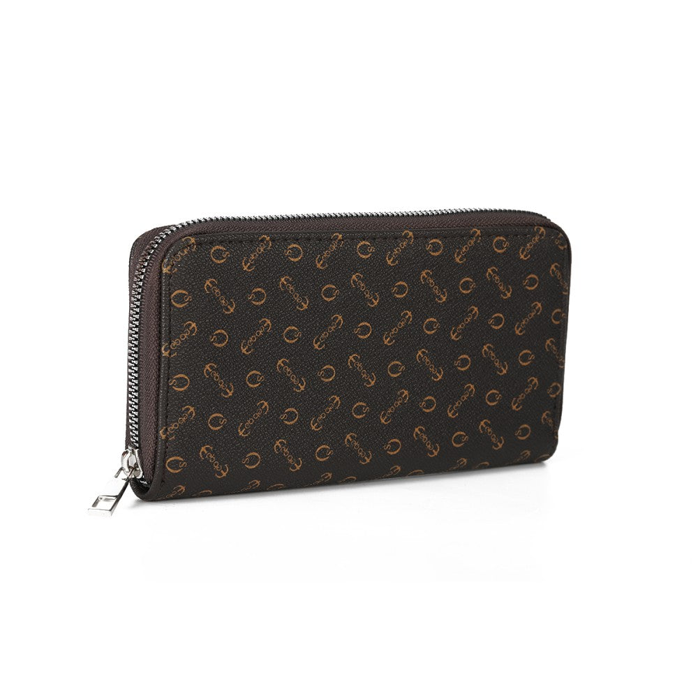 Brown Monogram Zip-Around Wallet – PU Leather Long Purse with Multiple Compartments