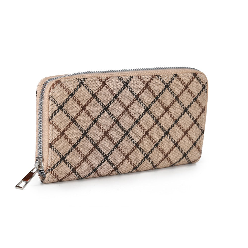 Beige Checkered Women’s Zip-Around Wallet – Elegant Grid Pattern Long Purse