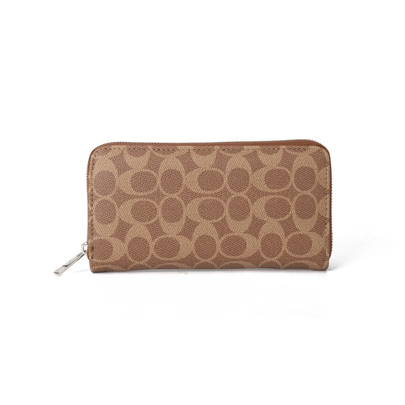 Brown PU Leather Long Zipper Wallet with Card Holder & Coin Pocket