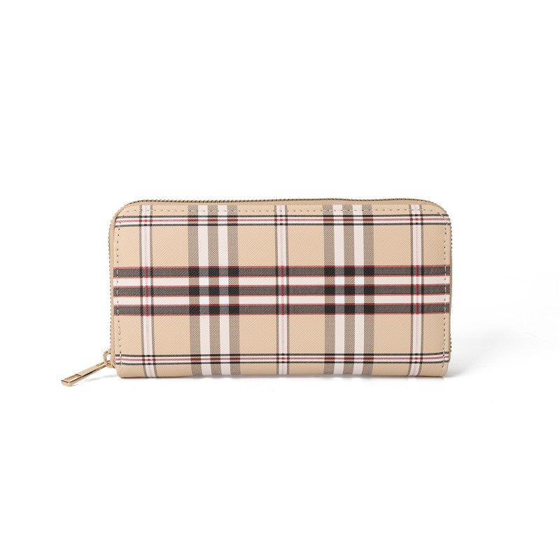 Plaid PU Leather Long Wallet – Zipper Purse with Card Holder & Coin Pocket-BEIGE