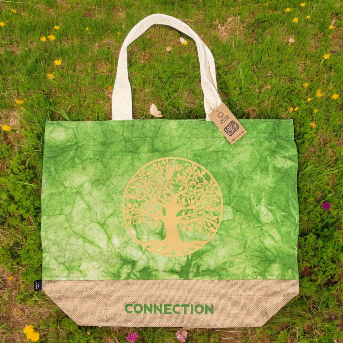 All Natural Bag - Green Stonewash - Tree of Life - Connection - – Cotton & Jute