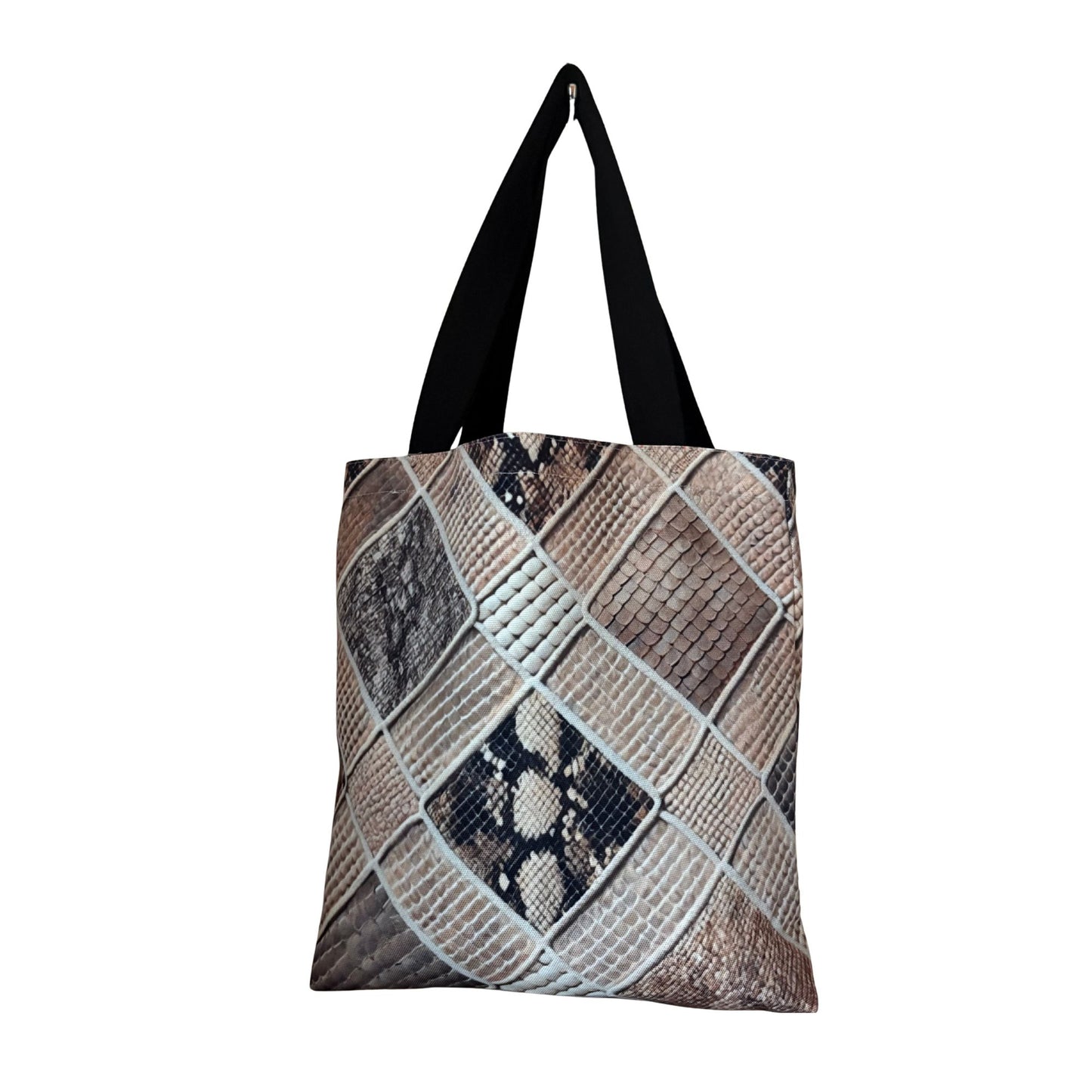 Stylish Faux Snakeskin Print Canvas Tote Bag – Reusable Shoulder Shopper Bag with Black Handles, Lightweight & Durable Handbag for Everyday Use