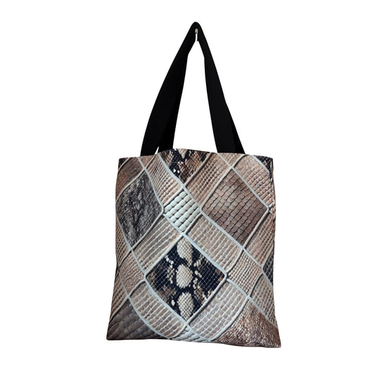Stylish Faux Snakeskin Print Canvas Tote Bag – Reusable Shoulder Shopper Bag with Black Handles, Lightweight & Durable Handbag for Everyday Use