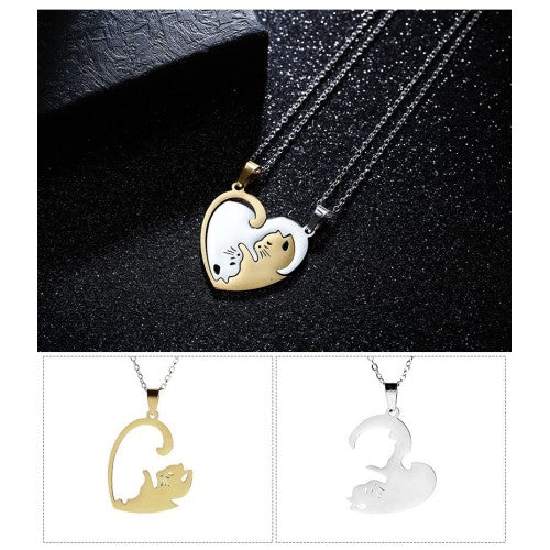 NL0055 Love Patchwork Gold Cat Couple Necklace with Gold Chain