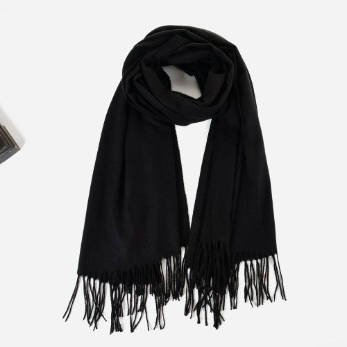 BLACK Classic Pure Cashmere Scarf – Luxury Soft Oversized Winter Wrap with Fringe
