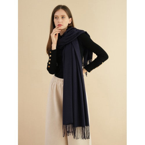 NAVY Classic Pure Cashmere Scarf – Luxury Soft Oversized Winter Wrap with Fringe