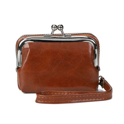 Classic Kiss Lock Wristlet Purse -BROWN