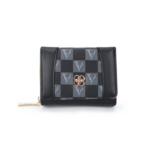 Checkered Accent Compact Wallet -BLACK