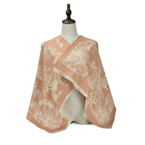 KHAKI Luxury Botanical Print Cashmere Poncho Shawl Wrap – Elegant Designer-Inspired Scarf for Women