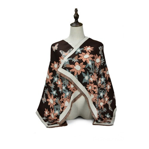 COFFEE Luxury Floral Butterfly Cashmere Scarf Wrap – Elegant Soft Shawl for Women