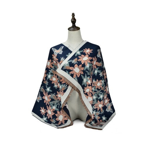 BLUE Luxury Floral Butterfly Cashmere Scarf Wrap – Elegant Soft Shawl for Women